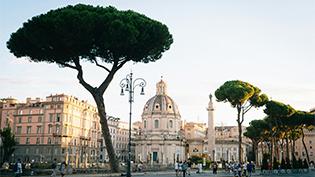 Historic square in Rome, Italy, with tall pine trees, a dome, and a classical column.